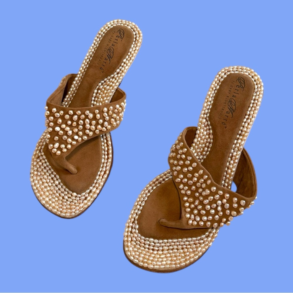 Vintage Suede Pearl-Embellished Sandals